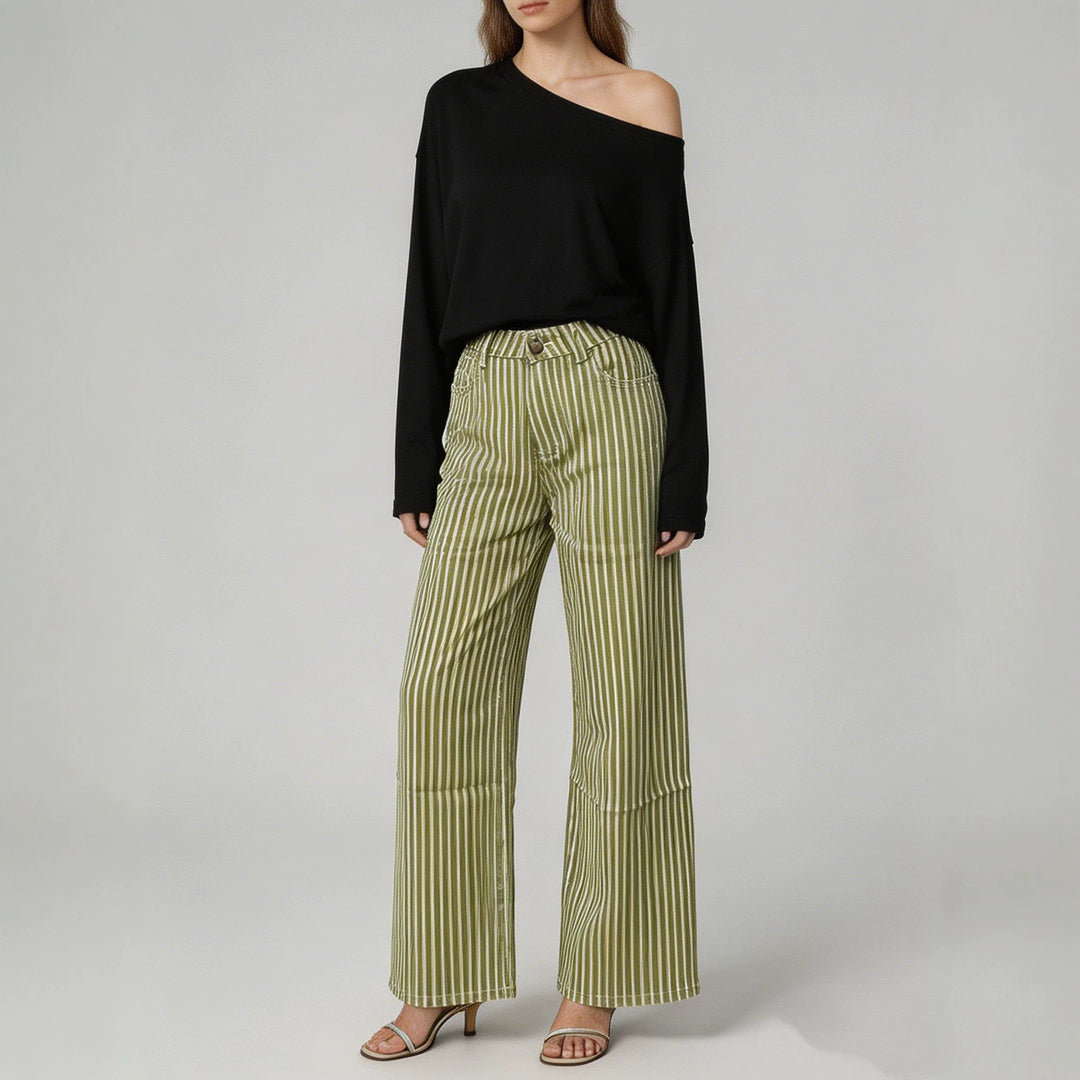 Damen nan weite High-Waist Palazzohose mit vertikalen Streifenoptik und abgesteppten Kniepartien EB