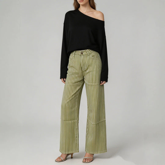 Damen nan weite High-Waist Palazzohose mit vertikalen Streifenoptik und abgesteppten Kniepartien EB