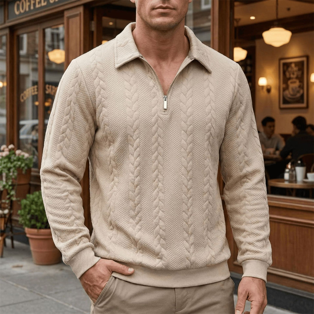Herren nan strukturierter Halbzip-Pullover mit Troyerkragen, feinem Zopfmuster und elastischen Bündchen EB