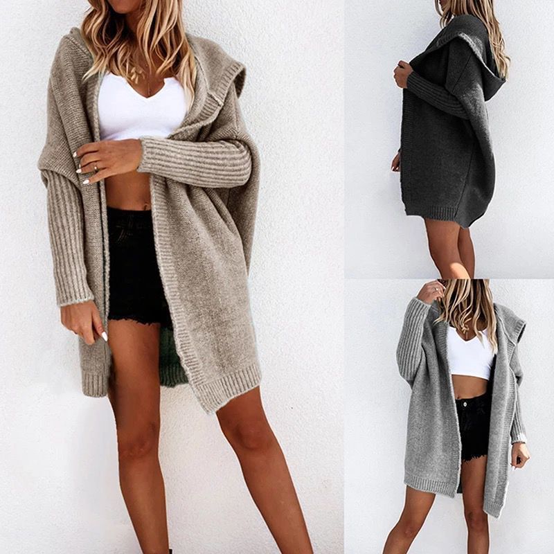 Damen weicher Strickcardigan mit Kapuze und weitem Schnitt EB