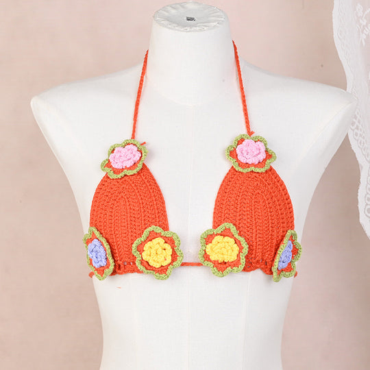 Damen Häkel-Bikini-Oberteil mit floralen Akzenten und verstellbaren Trägern EB