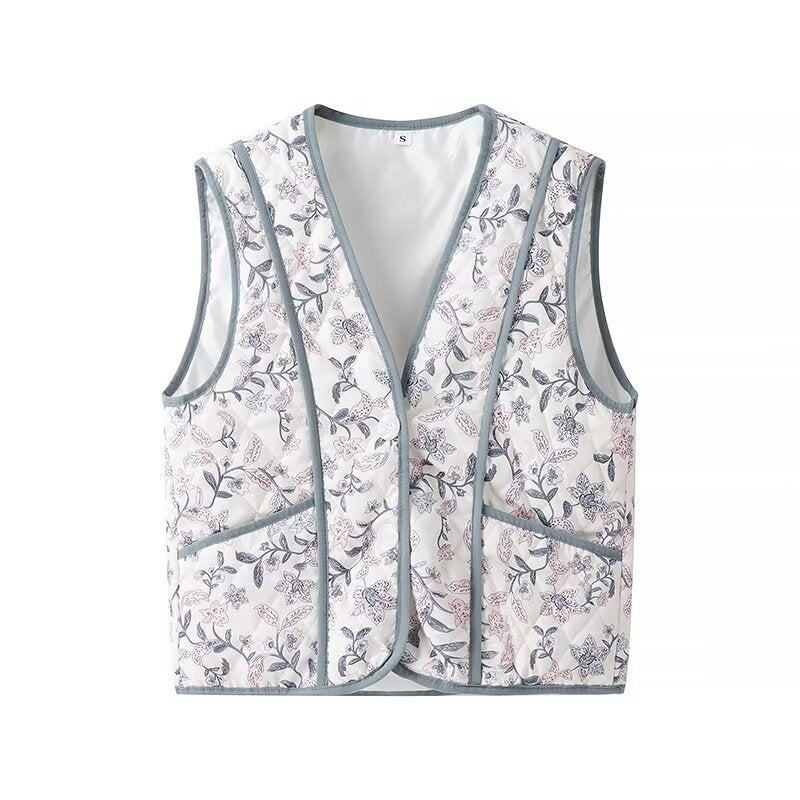 Damen gesteppte Weste mit floralem Muster und praktischen Taschen EB