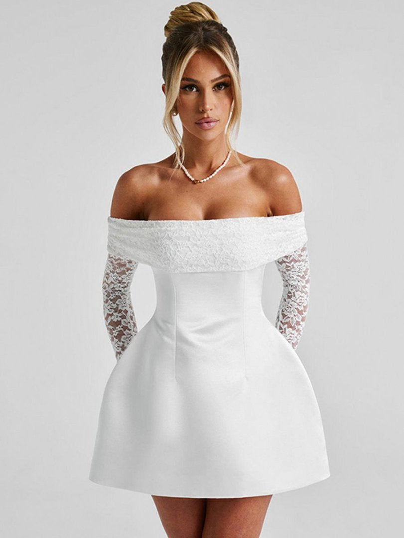 Damen Elegantes Off-Shoulder Minikleid mit Spitzenärmeln und tailliertem Schnitt EB