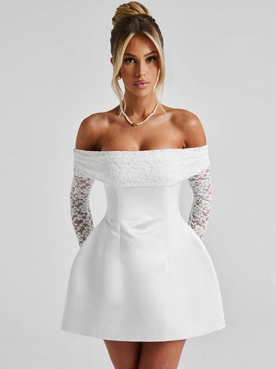 Damen Elegantes Off-Shoulder Minikleid mit Spitzenärmeln und tailliertem Schnitt EB