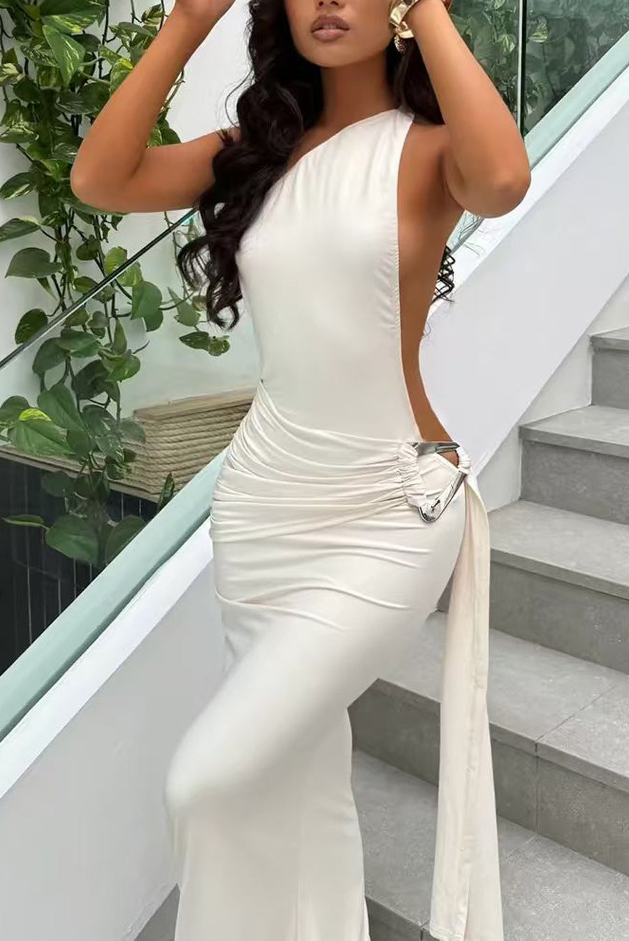 Damen Cut-Out Maxikleid mit elegantem Rückenausschnitt und seitlichen Drapierungen EB