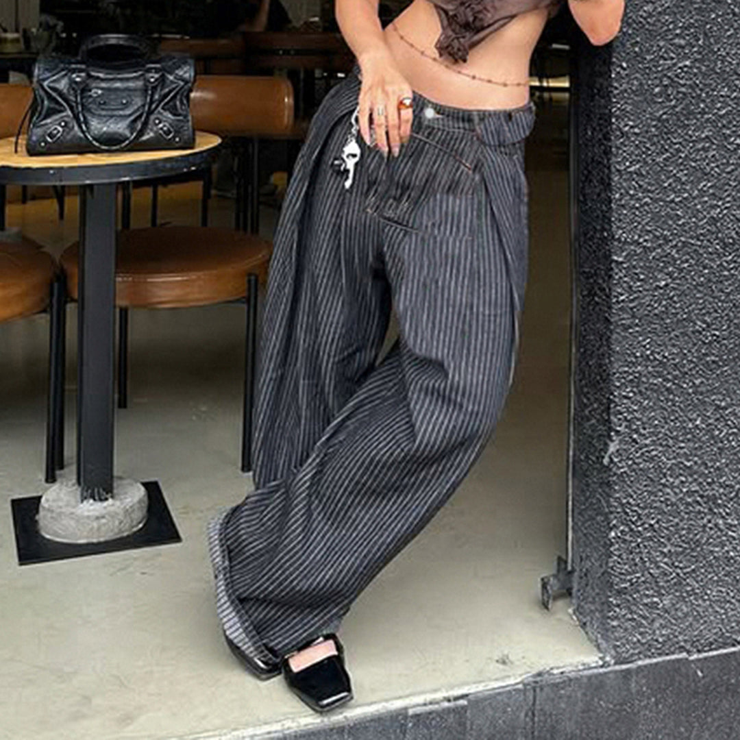 Damen Weite Hochtaillierte Streifenjeans EB