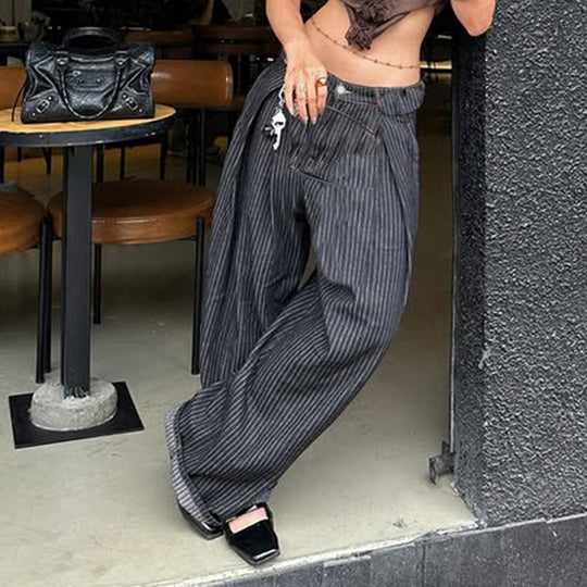 Damen Weite Hochtaillierte Streifenjeans EB