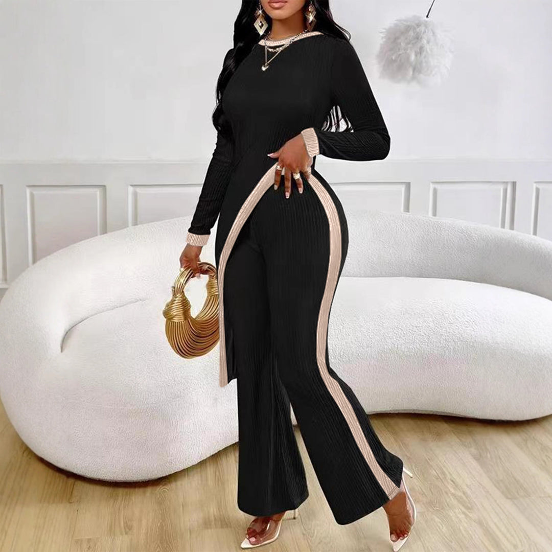 Damen nan eleganter Rippen-Jumpsuit mit asymmetrischer Wickeloptik, taillierendem Cut-Out und kontrastierenden Seitenstreifen EB