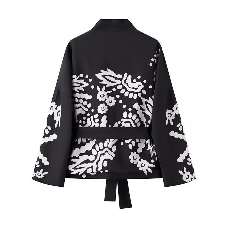 Damen Trendige Kimono-Jacke mit floralen Mustern und Taillengürtel EB