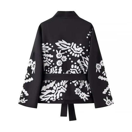 Damen Trendige Kimono-Jacke mit floralen Mustern und Taillengürtel EB