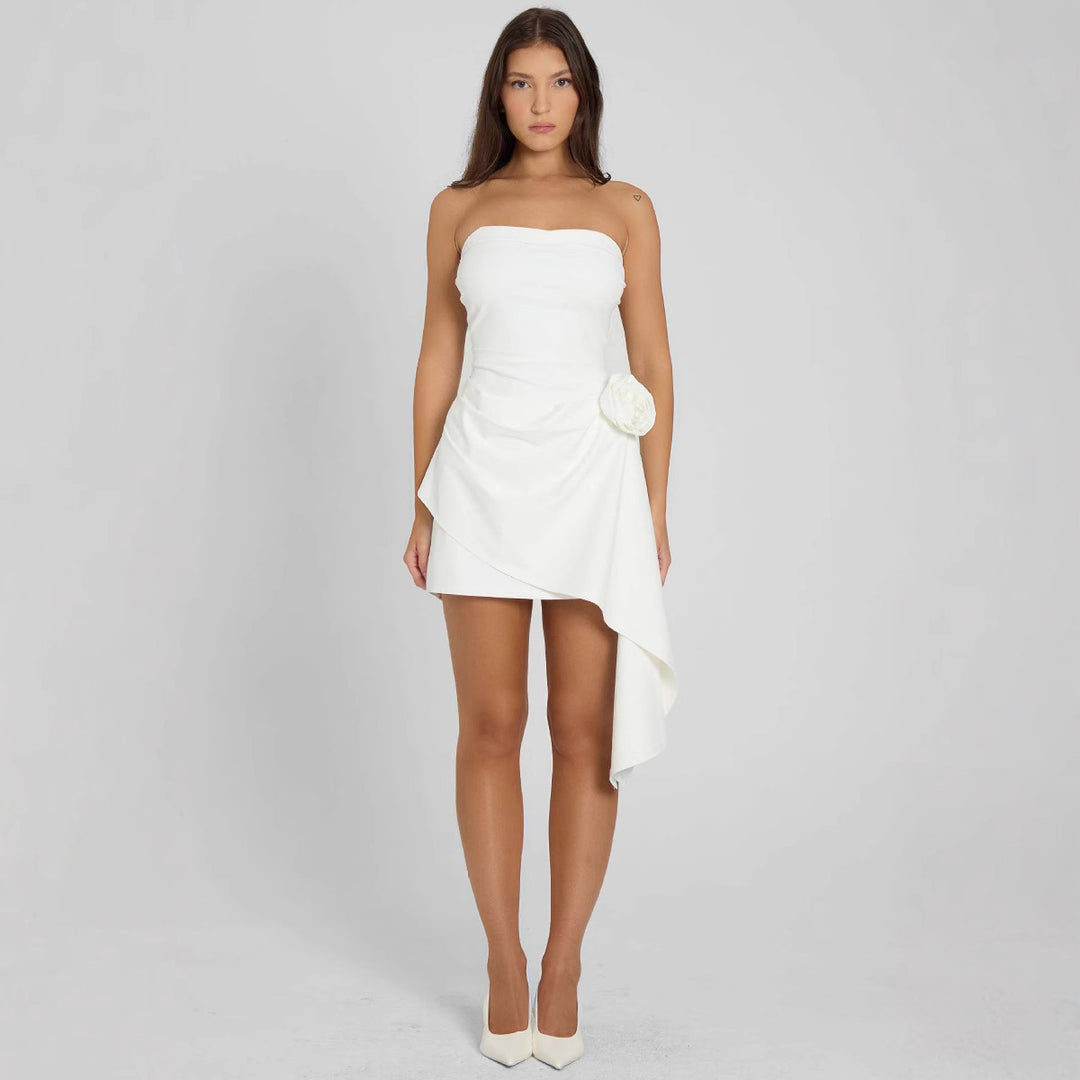 Damen elegantes schulterfreies Wickelkleid mit asymmetrischem Saum und floralem Detail EB