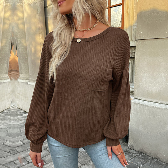 Damen Lässiger Langarmshirt mit strukturiertem Design und dekorativem Taschen EB