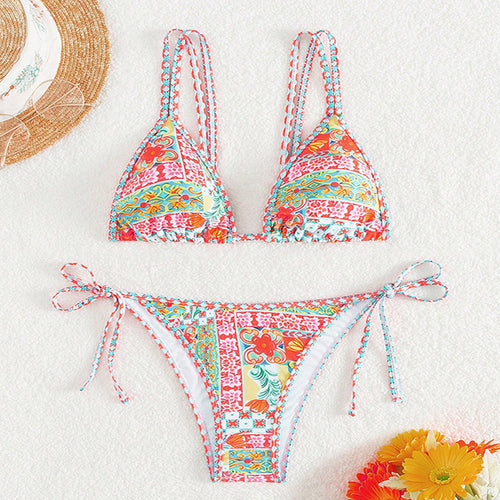 Damen Triangel-Bikini mit raffinierten Schnürdetails und floralem Druck EB