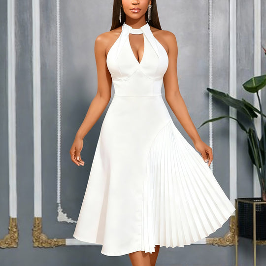 Damen Elegantes Midikleid mit Keyhole-Ausschnitt und plissiertem Saum EB
