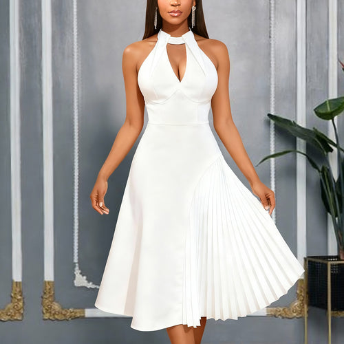 Damen Elegantes Midikleid mit Keyhole-Ausschnitt und plissiertem Saum EB