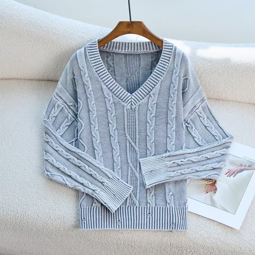 Damen Modischer Strickpullover mit V-Ausschnitt und Zopfmuster EB