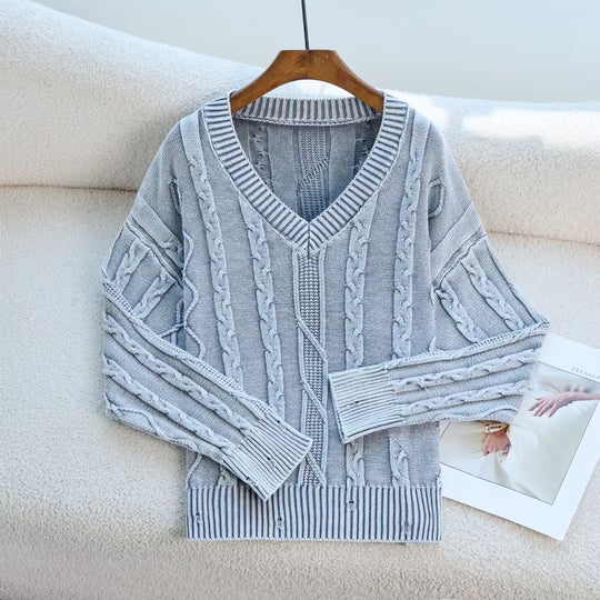 Damen Modischer Strickpullover mit V-Ausschnitt und Zopfmuster EB