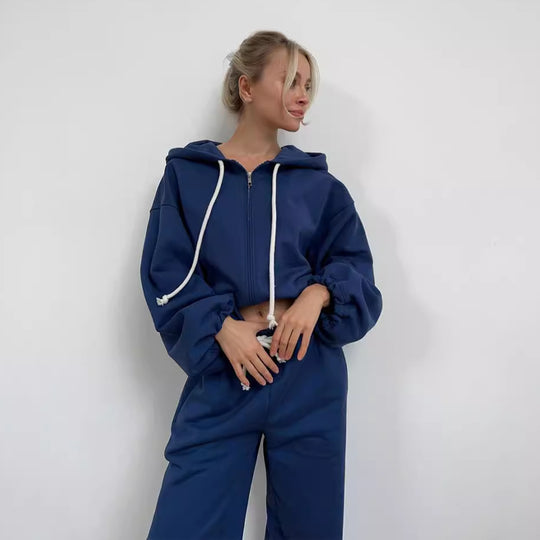 Damen kurzes Zip-Hoodie-Set mit taillenhoher Wide-Leg Jogginghose aus French-Terry EB