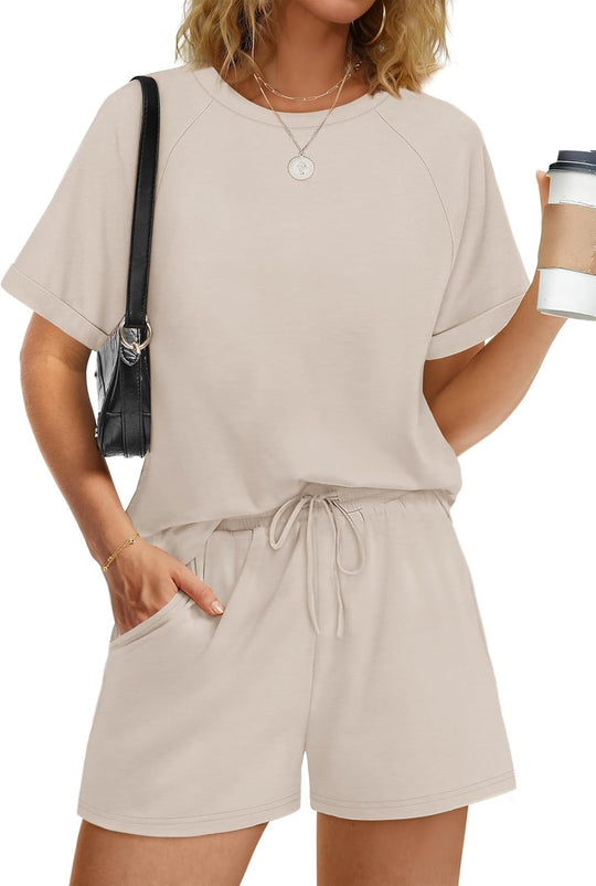 Damen lässiger Kombi aus T-Shirt und Shorts mit elastischem Bund EB
