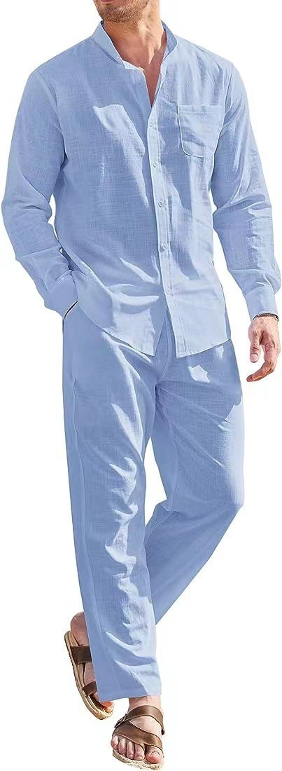 Herren lässiges Leinenanzugset mit offenem Kragen und seitlichen Taschen EB