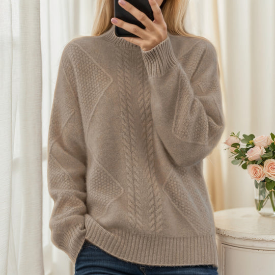 Damen nan strukturierter Oversize-Strickpullover mit Stehkragen und Rippbündchen EB