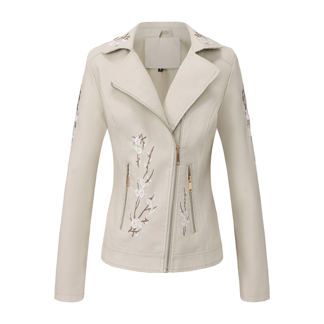 Damen modische Bikerjacke mit floralem Stickmuster EB