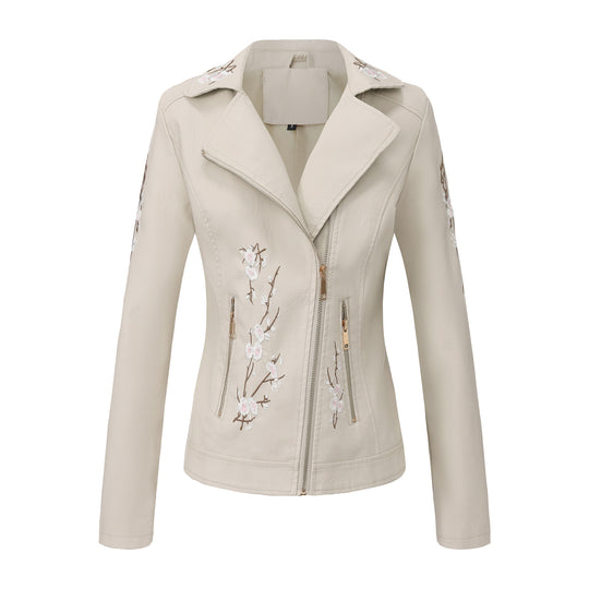 Damen nan bestickte taillierte Kunstleder Bikerjacke mit asymmetrischem Reißverschluss EB