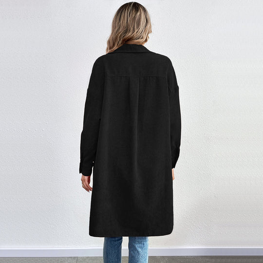 Damen lange Oversize-Cord-Hemdjacke mit durchgehender Knopfleiste und Hemdblusen-Kragen Eichborn Berlin