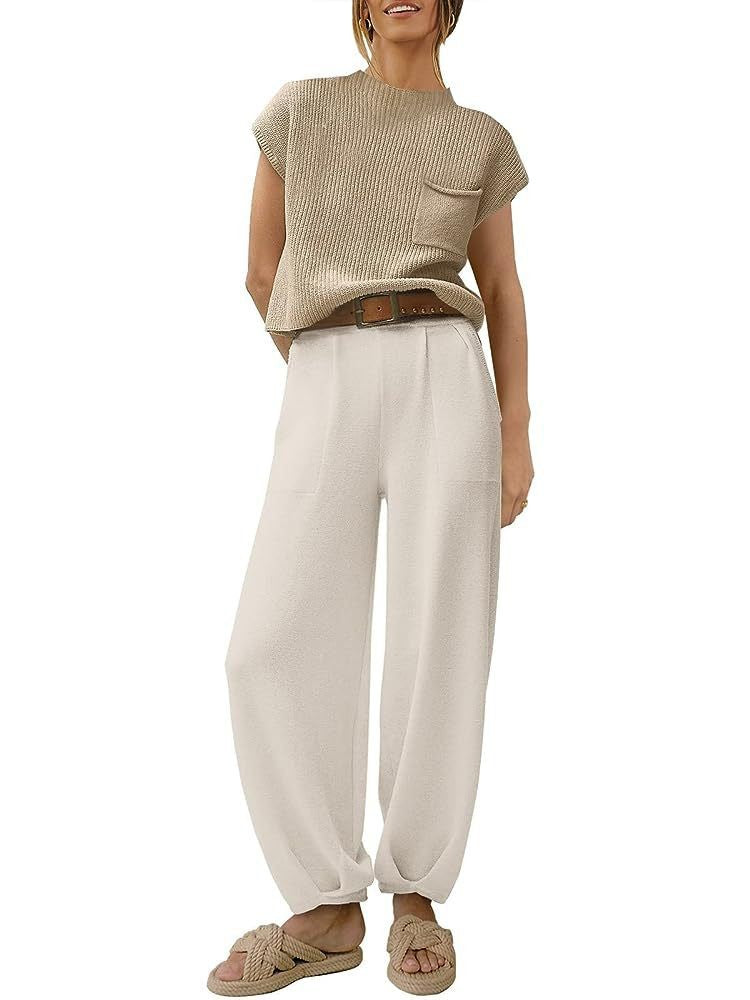Damen lässiges Strick-Oberteil und weite Hose Set EB
