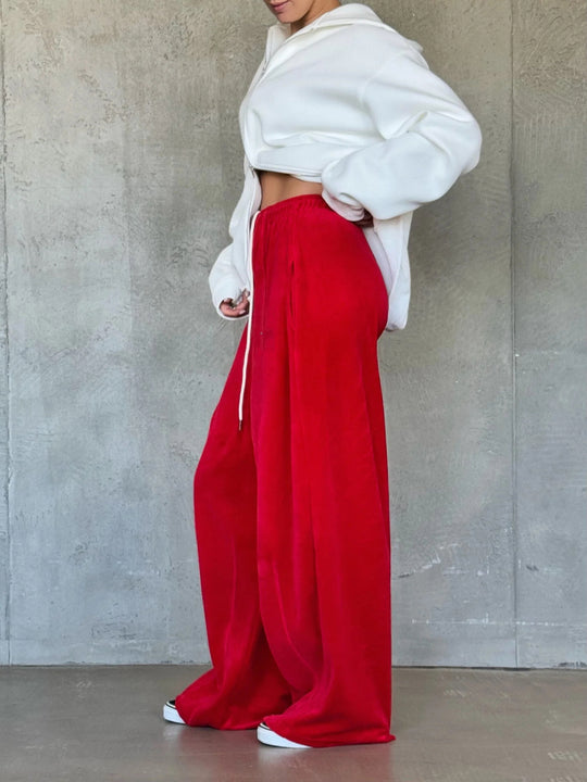 Damen weite Velours-Hose mit elastischem Bund und praktischen Seitentaschen EB