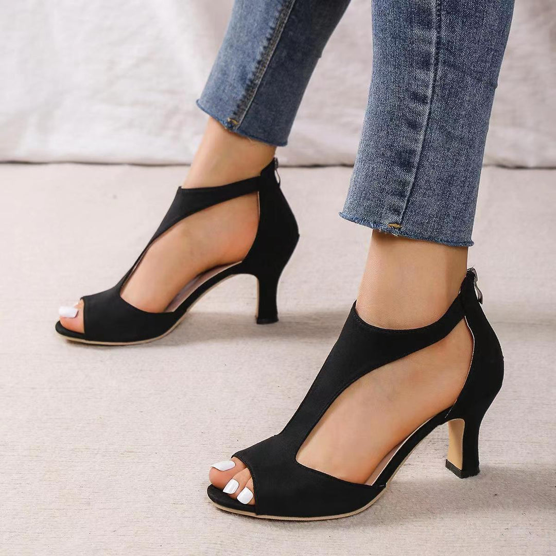 Damen Peeptoe-Sandaletten mit T-Riemen, Reißverschluss hinten und mittelhohem geschwungenem Absatz EB