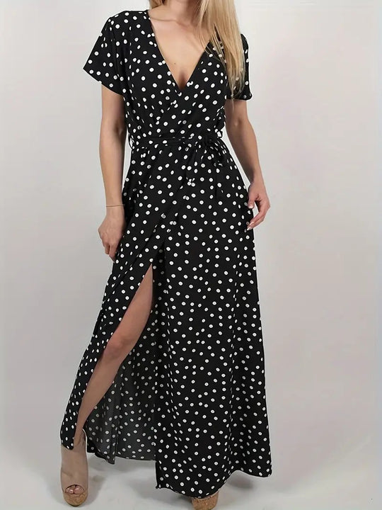 Damen Maxikleid mit Polka-Dots und verstellbarem Taillengürtel EB