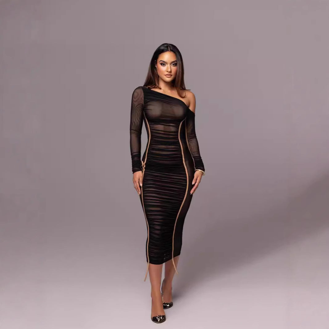 Damen Langarm-Midi-Kleid mit asymmetrischem Schnitt und romantischem Rüschendesign EB
