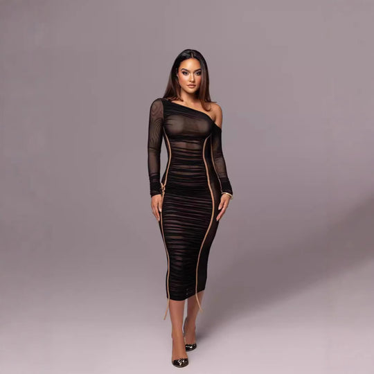 Damen Langarm-Midi-Kleid mit asymmetrischem Schnitt und romantischem Rüschendesign EB