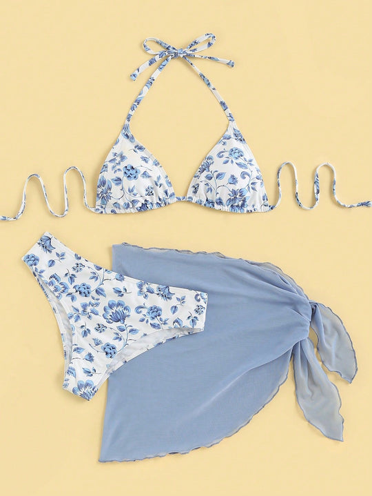 Damen Triangel-Bikini-Set mit romantischem Blumenmuster und eleganter Pareo EB