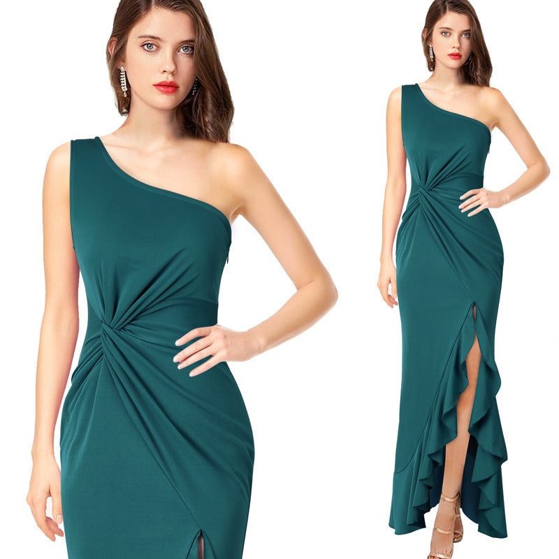 Damen Maxikleid mit asymmetrischem Ausschnitt und elegantem Raffdesign EB
