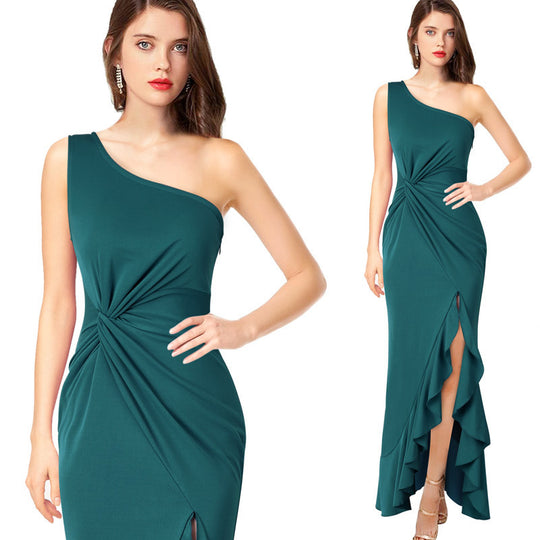 Damen Maxikleid mit asymmetrischem Ausschnitt und elegantem Raffdesign EB