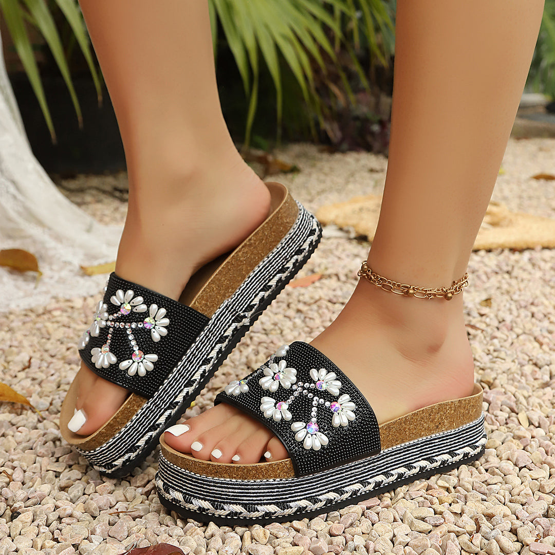 Damen Plattform-Pantoletten mit floralem Akzent und rutschfester Sohle EB