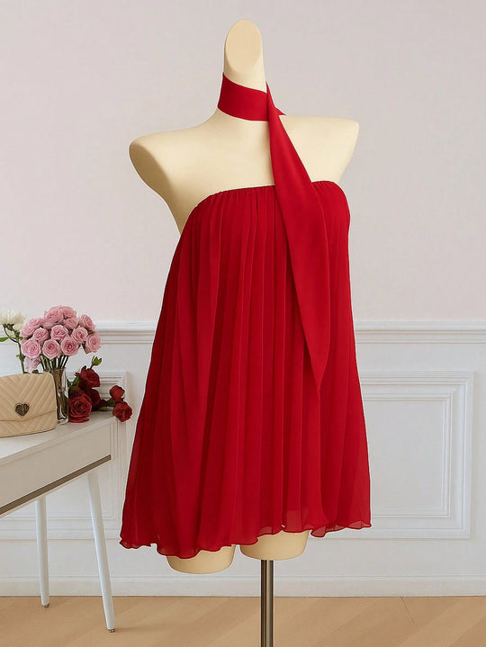Damen kurzes Sommerkleid mit elegantem Bindegürtel und fließendem Design EB