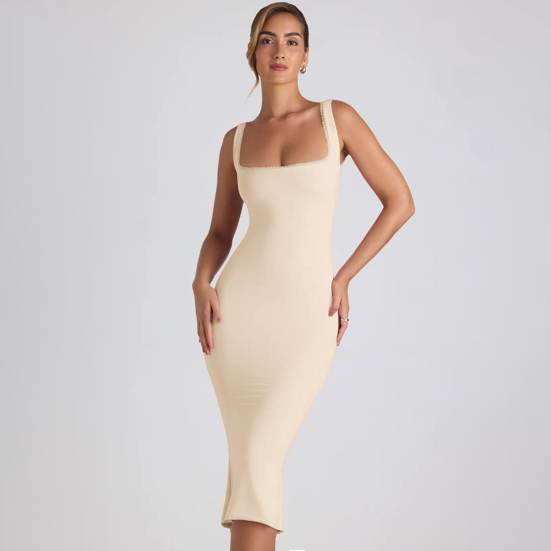 Damen figurbetontes Midikleid mit quadratischem Ausschnitt und Spitzenakzenten EB