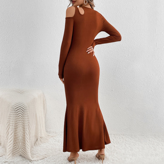 Damen geripptes Meerjungfrauen-Maxikleid mit Cold-Shoulder Cutouts, sculptender Passform und ausgestelltem Saum Eichborn Berlin