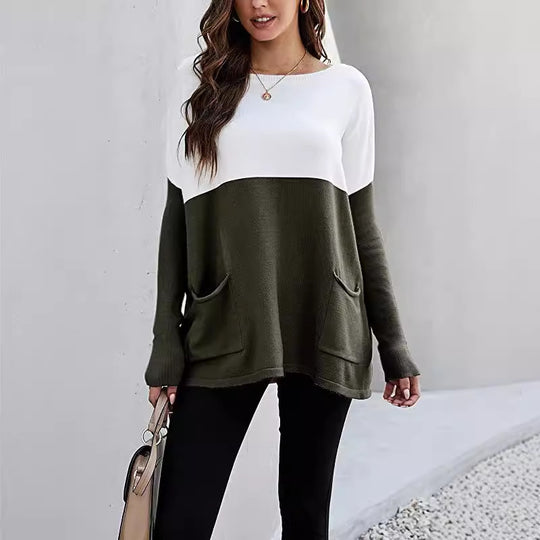 Damen Strickpullover mit großen Fronttaschen und kontrastiertem Design EB
