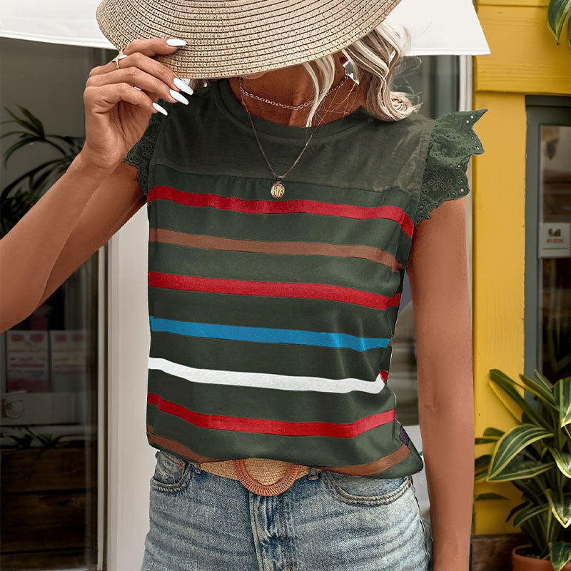Damen T-Shirt mit Spitzenärmeln und gestreiftem Design EB