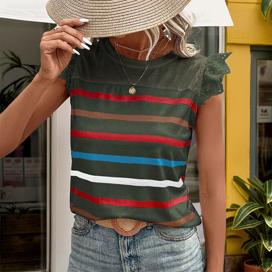 Damen T-Shirt mit Spitzenärmeln und gestreiftem Design EB