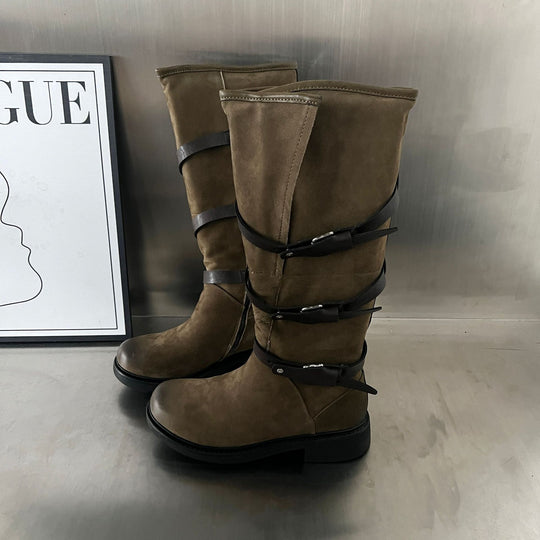 Damen Modische Stiefel mit praktischem Reißverschluss und eleganten Riemen EB