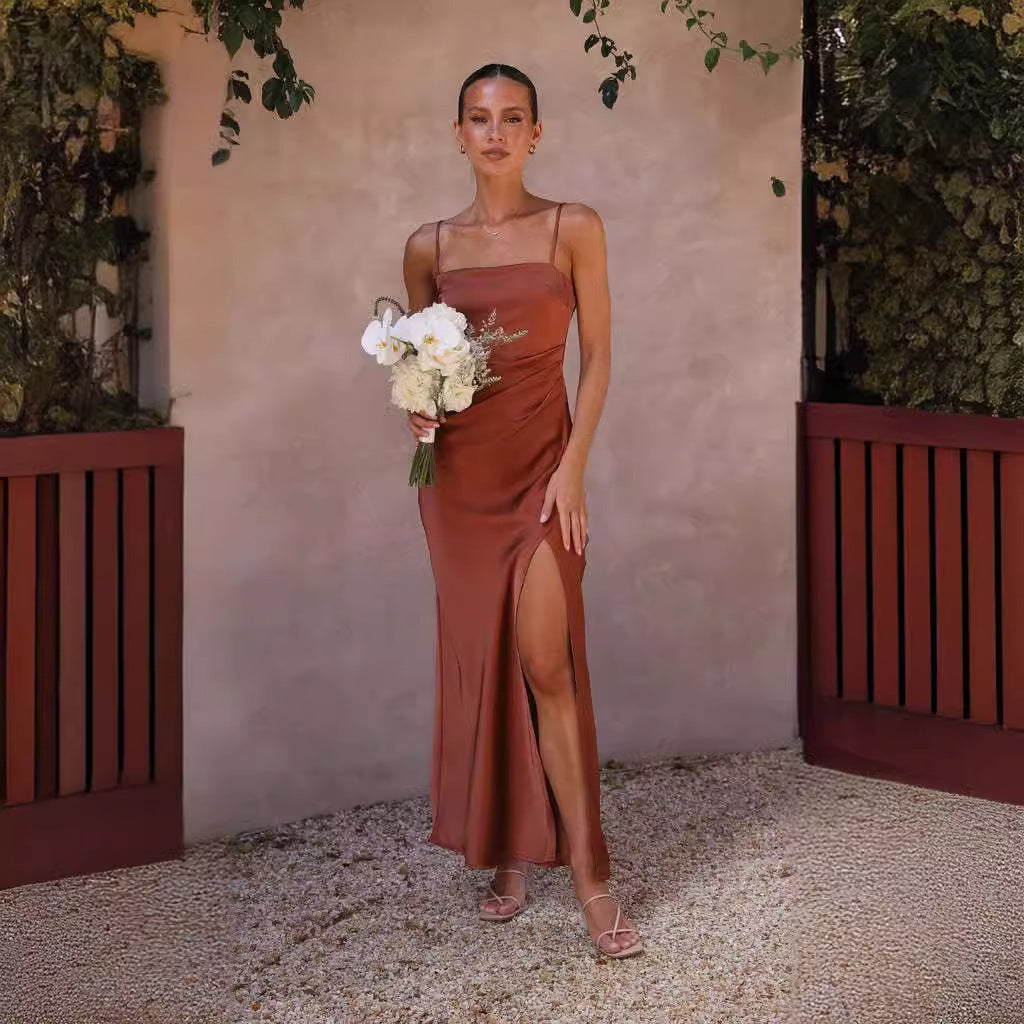 Damen Elegantes Maxikleid mit seitlichem Schlitz und schmalen Trägern EB