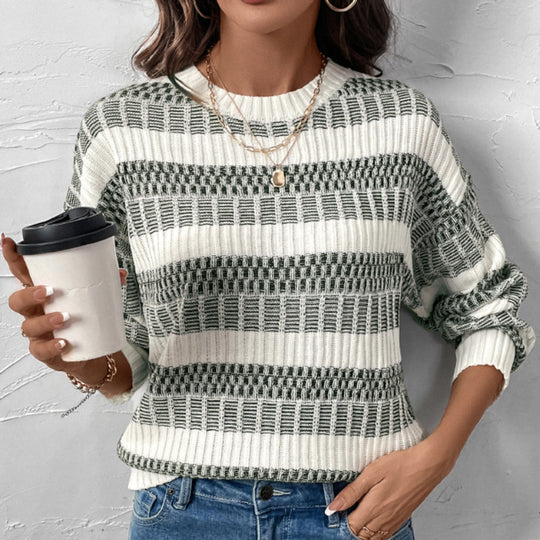 Damen lässiger Strickpullover mit modischem Streifenmuster und weiten Ärmeln EB