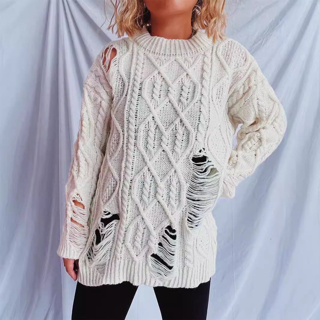 Damen Grobstrickpullover mit einzigartigem Zopfmuster und ausgefransten Details EB