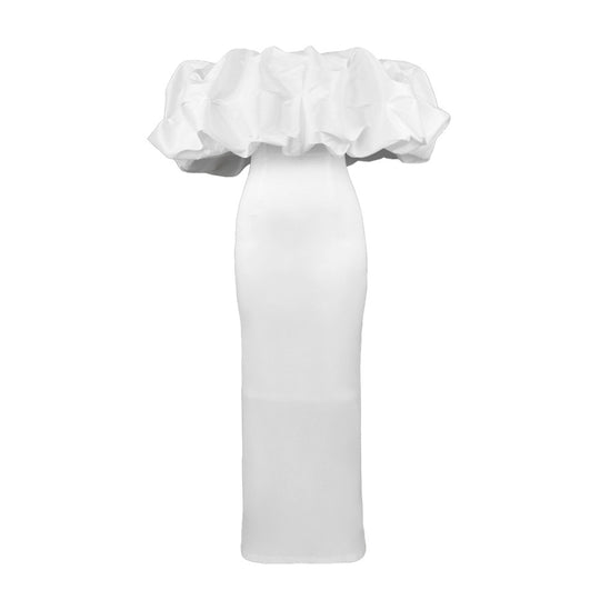 Damen Elegantes Off-Shoulder Maxikleid mit voluminösen Rüschensäumen EB