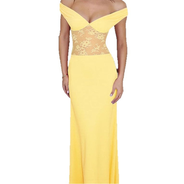 Damen Elegantes Off-Shoulder Maxikleid mit transparentem Spitzen-Oberteil und schmalem elastischem Saum EB